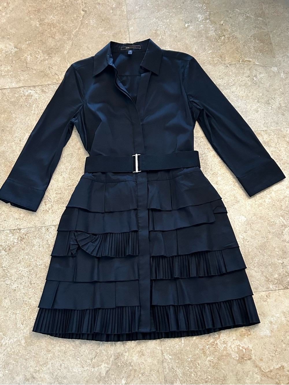 BCBGMaxazria Black Tiered Shirtdress with Belt, Size S